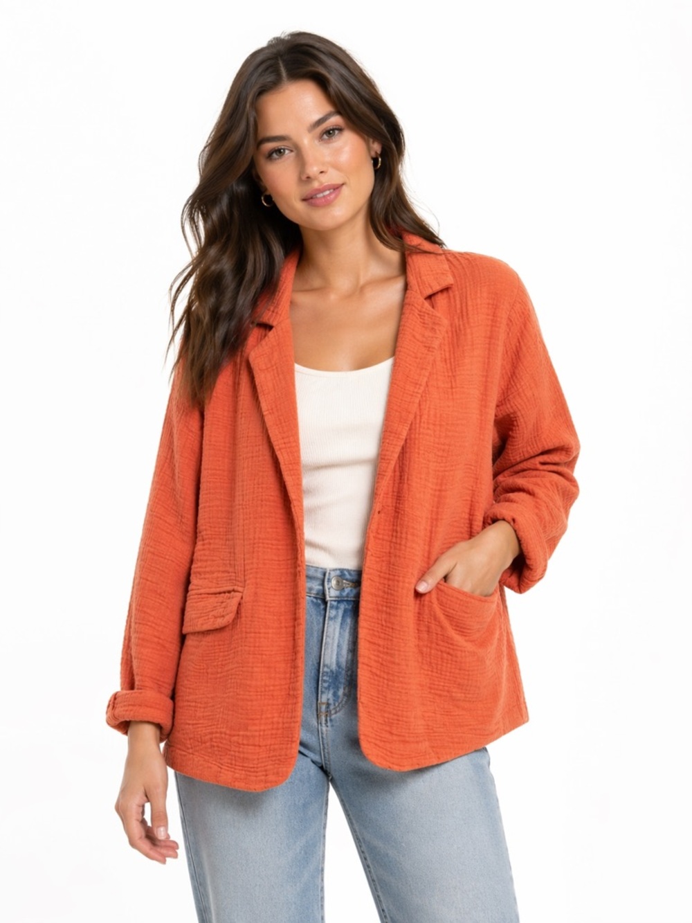 EUC Stoosh Size Medium Women's Orange Textured Gauze Jacket